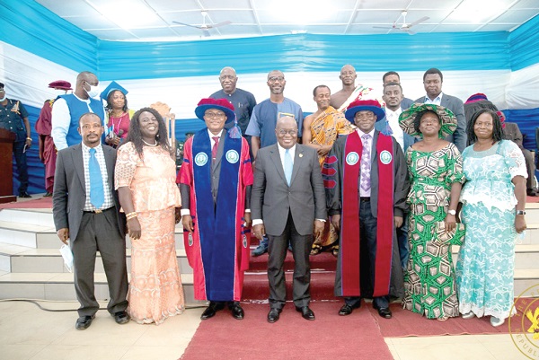 President Akufo-Addo (middle) with Professor Philip Duku Osei (3rd from left), Vice-Chancellor  of the SD Dombo University of Business and Integrated Development Studies, after the ceremony