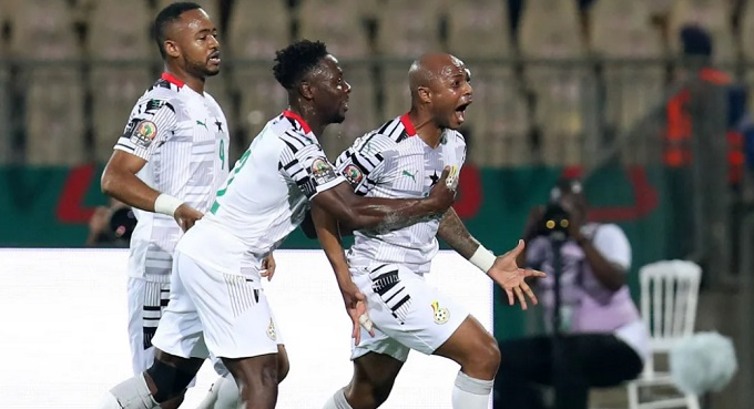 One of the Black Stars few happy moments at the 2021 Afcon sees the players jubilate over Skipper Dede Ayew's goal against Gabon
