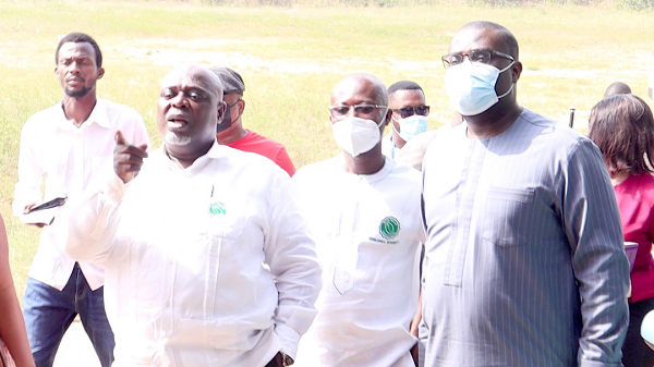 Mr Koku Anyidoho (2nd from left), Founder &amp; CEO of Atta Mills Institute, showing Mr Sammi Awuku round the sites of the projects. With them is Mr Andy Kankam (2nd from right), Chief of Staff of AMI