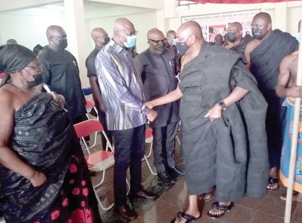 Nana Adjei Boateng (2nd from left), the Member of Parliament for New Juaben North, greeting Nana Otuo Siriboe, the Juabenhene