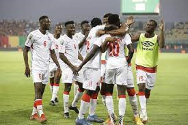 Gambia players celebrating their historic victory yesterday