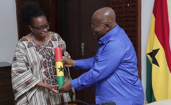 President Akufo-Addo presenting the instrument of Office to Mrs Genevieve Edna Akpaloo, Ghana’s Ambassador designate to Japan at the Jubilee House. Picture:  SAMUEL TEI ADANO