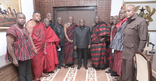 President Akufo-Addo  (middle) with a delegation from the Tema Traditional Council at the Jubilee House. Picture: SAMUEL TEI ADANO