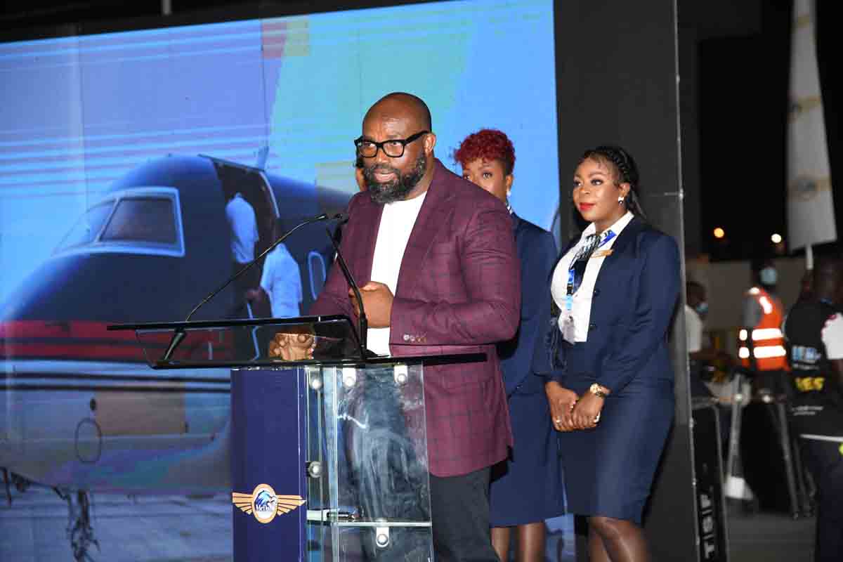 Mr Daniel McKorley, Chairman of the McDan Group of Companies, delivering his address at the launch of the McDan Private Jet Terminal at the Kotoka International Airport in Accra. Picture: EBOW HANSON 