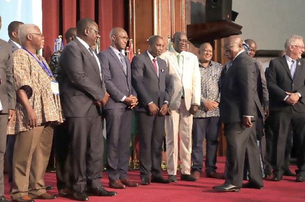 President Akufo-Addo exchanghing pleasantries with some of the Ministers of Fisheries from some African countries after the opening session of the conference in Accra
