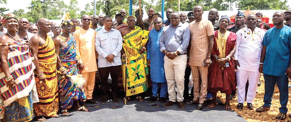 George Mireku Duker (arrowed),  Deputy Minister of Lands and Natural Resources responsible for Mines. With him are some chiefs and elders of the community