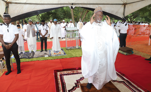  Alhaji Maulvi Mohammed Bin Salih (left), Ameer and Missionary in charge of the Ahmadiyya Muslim Mission, leading the prayer session at Ashongman in Accra. Picture: GABRIEL AHIABOR