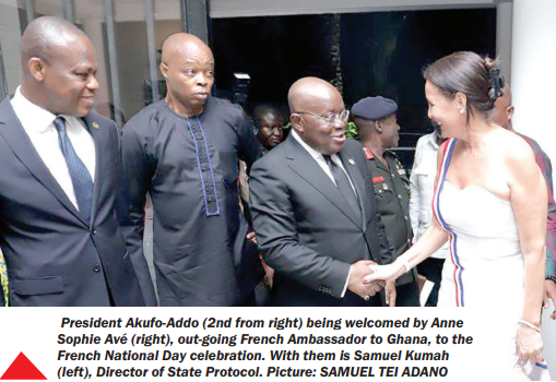  President Akufo-Addo (2nd from right) being welcomed by Anne Sophie Avé (right), out-going French Ambassador to Ghana, to the French National Day celebration. With them is Samuel Kumah (left), Director of State Protocol. Picture: SAMUEL TEI ADANO