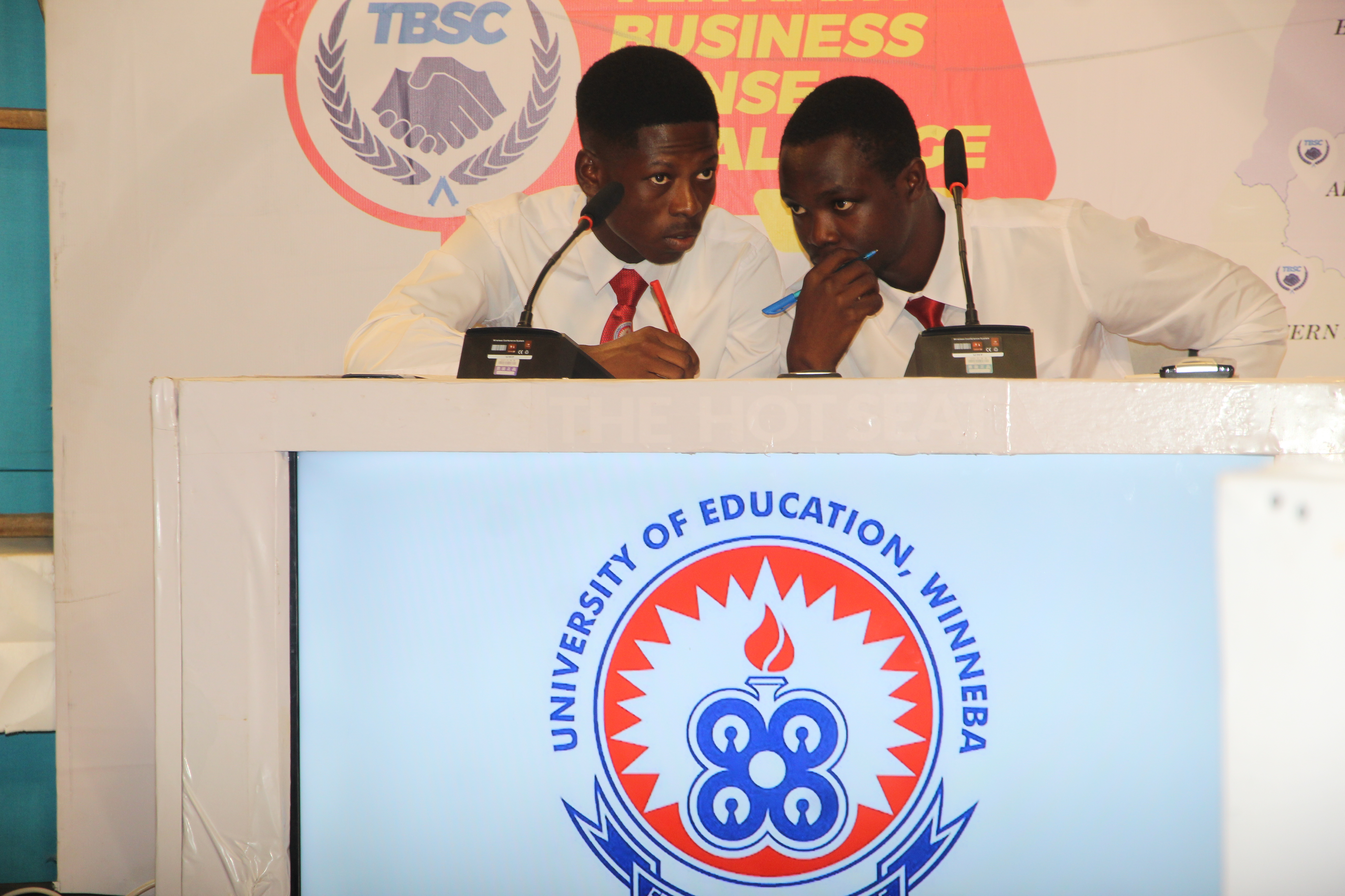 Students from the University of Education, Winneba conferring on the answer to provide to a question.  Picture: ESTHER ADJORKOR ADJEI 