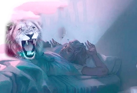 A lion chasing a sleeper in a sleep paralysis