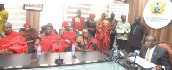 •Samuel Abu Jinapor (right), Minister of Lands and Natural Resources, addressing Togbega Gabusu VII (2nd from left), the new Paramount Chief of the Gbi Traditional Area, and some members of the delegation from the Gbi Traditional Area in the Volta Region who paid a courtesy call on him yesterday. Picture: EMMANUEL QUAYE