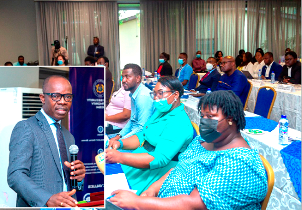 Dr Albert Antwi-Boasiako (inset), acting Director-General,  CSA, addressing participants in the validation workshop