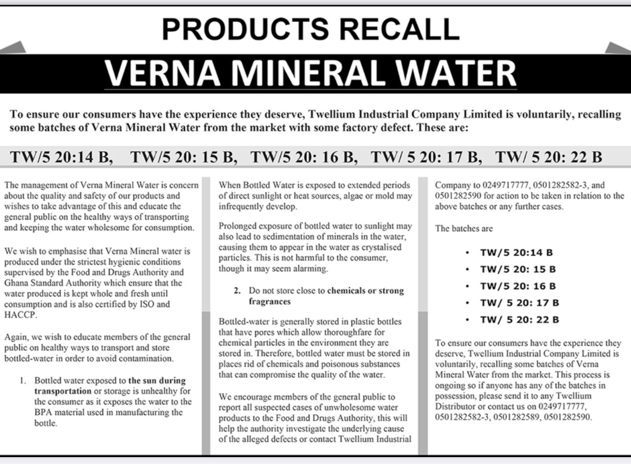 Verna Mineral water product recall