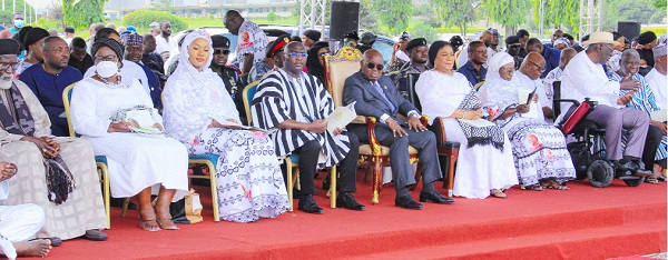 President Akufo-Addo (5th from left) with some dignitaries at the ceremony. Among them are Vice-President Mahamudu Bawumia (4th from left), Rebecca Akufo-Addo (6th from left), the First Lady; Samira  Bawumia (3rd from left), wife of the vice-president, former President John Agyekum Kufuor (2nd from right), Sheik Osmanu Nuhu Sharubutu (left), the National Chief Imam; Professor Mike Oquaye (3rd from right), former Speaker of Parliament, and Akosua Frema Osei-Opare, the Chief of Staff 