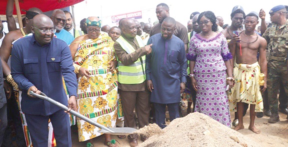 Dr Mahamudu Bawumia (with shovel) cutting the sod at Abrankese for the construction of 32 TVET centres across the country. Looking on are Nana  Opoku Abosem II (in Kente), Otumfuo Asekyirehene, and  Simon Osei Mensah (3rd from left), Ashanti Regional Minister. Pictures: EMMANUEL BAAH