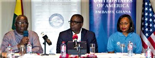 Martin Eson-Benjamin (middle), the Chief Executive Officer of the MiDA, with Mahmoud Bah (left), the Deputy Chief Executive Officer of the MCC, and Khalia Mounsey, the Deputy Resident Country Director, the MCC, addressing journalists in Accra