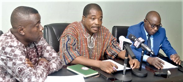 Jacob Anaba (middle), Vice-President of the National Association of Graduate Teachers, addressing the press conference in Accra. With him are Michael Ayuraboya (right), General Secretaray, and Isaac Lamptey, Organising Secretary, both of NAGRAT