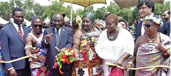  Vice-President Bawumia (3rd from left) cutting the tape for the inauguration of the institute and vehicles for the TVET Service. With him are Dr Yaw Osei Adutwum (left), Minister of Education, and Mawusi Nudekor Awity (2nd from right), Director-General of TVET. Pictures: SAMUEL TEI ADANO