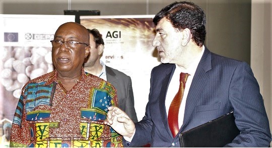 Patrick Yaw Nimo (left), Chief Director, Ministry of Trade and Industry, interacting with Fakhruddin Azizi, United Nations Industrial Development Organisation Representative to Ghana, at the conference. Picture: MAXWELL OCLOO