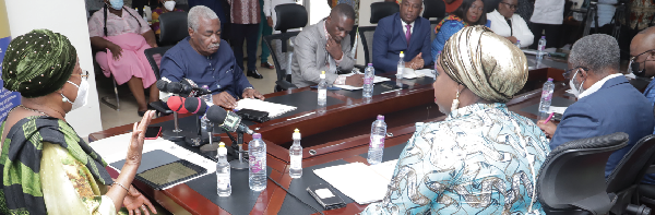 Justice Sophia Akuffo (left), Chairperson, National COVID-19 Trust Fund, addressing the meeting in Accra. Picture: SAMUEL TEI ADANO