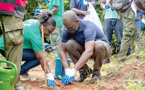 John K. Addo (right), MD, Proudential Bank, planting a tree