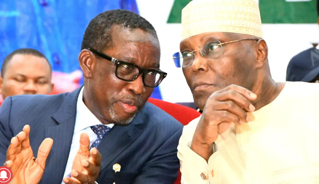 : Former Vice President of Nigeria, and a Peoples Democratic Party (PDP) Presidential Aspirant, Alhaji Atiku Abubakar (right) shares some thoughts with Delta Governor, Senator Dr. Ifeanyi Okowa (left) when he visited delegates in Asaba.