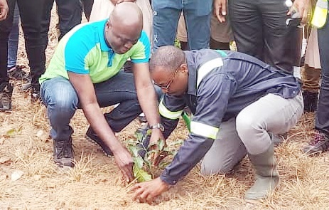 Salifu Wumbilla (left), the Director of Estates of the Bui Power Authority, planting  a tree seedling