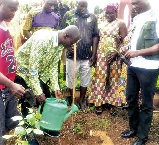 The Jachiehene (2nd from left) planting a tree seedling