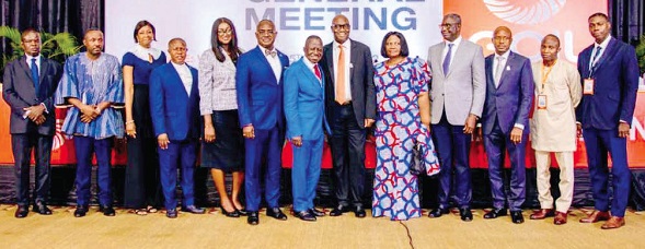 Kwame Osei Prempeh  (middle), MD of GOIL Plc, and Reginald Daniel Laryea (6th from right), Board Chairman, with other board members and management of the company after the AGM