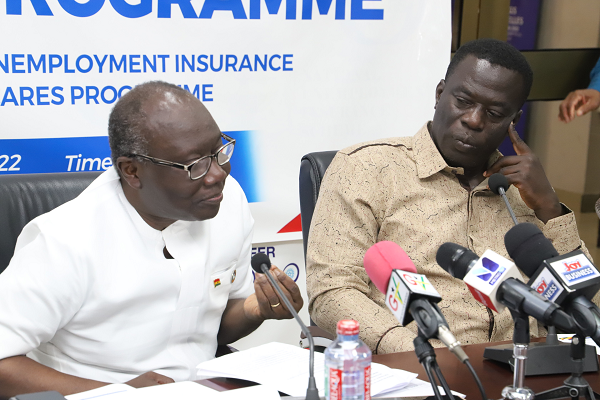  Ken Ofori -Atta (left), Minister of Finance, launching the training and retraining component of the National Unemployment Insurance Scheme in Accra. With him is Ignatius Baffour-Awuah, Minister of Employment and Labour Relations. Pictures: GABRIEL AHIABOR