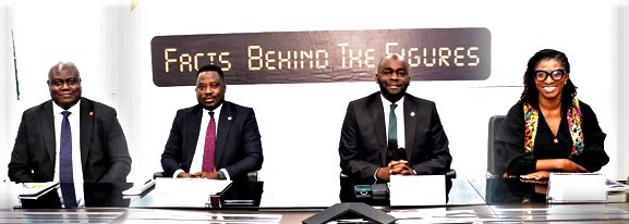 Olamide Olatunji (2nd from right), flanked by Pearl Nkrumah (right), Executive Director for Retail and Digital Banking; Michael Gyabaah (2nd from left), Chief Finance Officer. On the left is James Bruce, Executive Director, Wholesale Banking, during the virtual appearance at the Facts Behind the Figures session
