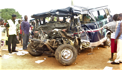 The mangled remains of one of the vehicles involved in the Mankranso accident which claimed 19 lives