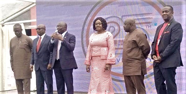 Dr Mahamudu Bawumia (3rd from left) launching the 25th anniversary of TCCL. With him are Tony Oteng-Gyasi (2nd from left),  Executive Chairman, TCCL,  William Owuraku Aidoo (left) Deputy Minister, Energy, Michael Okyere Baafi, (2nd from right) Deputy Minister, Trade and Industry, Barbara Oteng-Gyasi, (3rd from right), wife of Oteng-Gyasi and Martyn Mensah, (right) MD, TCCL. Picture. BENJAMIN XORNAM GLOVER