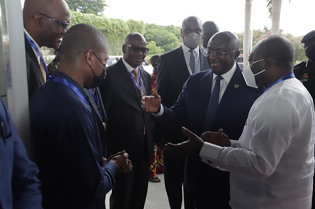Vice-President Dr Bawumia (2nd from right) being introduced by Ken Ofori-Atta (right), Minister of Finance, to some of the executives and board members of the agency. Picture: SAMUEL TEI ADANO