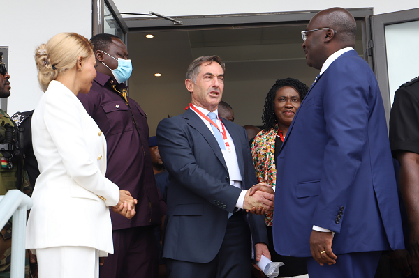 Vice-President Dr Mahamudu Bawumia (right) shaking hands with Michael Nahon, Chief Executive Officer, ONIX Data Centre. Looking on is Grace Jeanet Mason (left), South African High Commissioner to Ghana. Picture: SAMUEL TEI ADANO