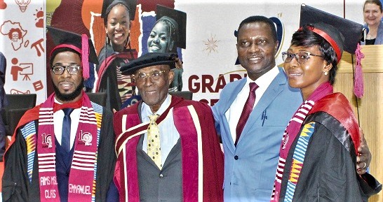 Dr Yaw Osei Adutwum (2nd from right), Minister of Education, with Professor Edward Ayensu (2nd from left), Board Chairman, AIMS, With them are Abigail Amankwah (right) and Emmanuel Haizel (left), both Valedictorians. Picture: ERNEST KODZI