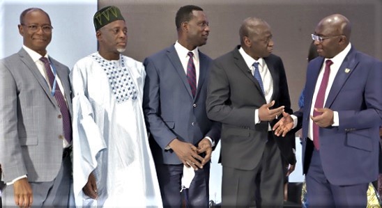 Vice-President Bawumia (right) interacting with  Ousmanne Diagana (2nd from right), World Bank Vice-President for West and Central Africa, after the opening session of the conference. With them is Dr Yaw Adutwum (3rd from left), Minister of Education. Picture: SAMUEL TEI ADANO