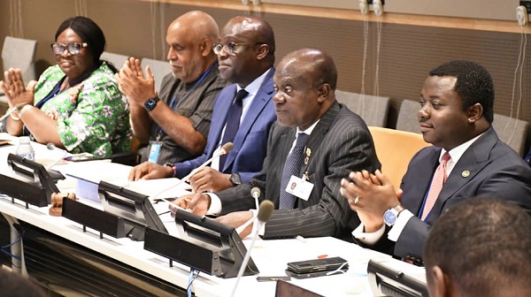 Charles Abani (2nd from left), the UN Resident Coordinator to Ghana, and a delegation at the event. They include Prof. George Gyan–Baffour (2nd from right), the Chairman of the NDPC; Rev. John Ntim Fordjour (right), Deputy Minister of Education; Yvonne Quansah (left), Director of External Resource Mobilisation and Economic Relations of the Ministry of Finance, and Harold Agyemang (middle), Ghana’s Ambassador to the United Nations.