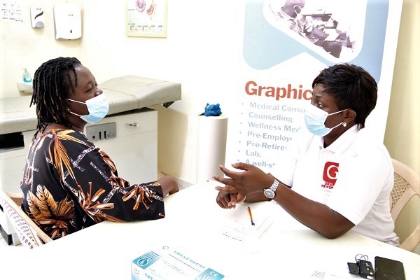  Dr Jacqui Barnes, the Resident Doctor of the Graphic Clinic, counselling a patron Picture: ELVIS NII NOI DOWUONA