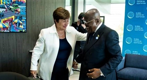 President Akufo-Addo (right) in a hearty chat with Kristalina Georgieva