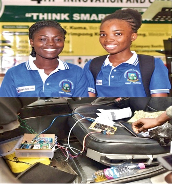 Irene Okai (left) and Mercy Quaye (right) with their demonstration of the device. Photo credit: Audio-Visual Unit, UMaT, Tarkwa