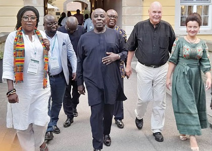 The Okyenhene, Osagyefuo Amoatia Ofori Panin (middle). With him are Cristina Buhler (right), wife of the founder of Akademie Schloss Kirchberg, and some officials The Okyenhene, Osagyefuo Amoatia Ofori Panin (middle). With him are Cristina Buhler (right), wife of the founder of Akademie Schloss Kirchberg, and some officials
