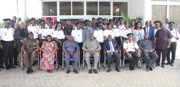 Ambrose Dery (seated middle), Minister for the Interior, in a group photograph with Julius Aalebkure Kuunuor (seated 2nd-right), Chief Fire Officer, Ghana National Fire Service. With them are other fire officers and dignitaries. Picture: ERNEST KODZI Ambrose Dery (seated middle), Minister for the Interior, in a group photograph with Julius Aalebkure Kuunuor (seated 2nd-right), Chief Fire Officer, Ghana National Fire Service. With them are other fire officers and dignitaries. Picture: ERNEST KODZI