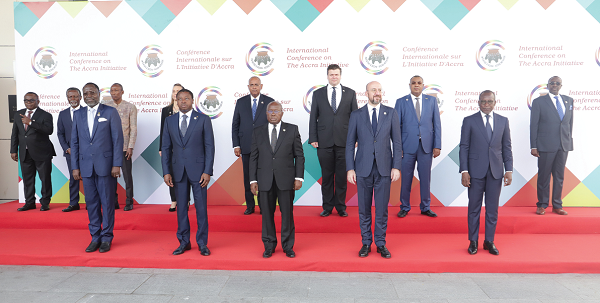  President Akufo-Addo (middle), together with President Patrice Talon (2nd from right), Benin President, Gnassingbé Eyadéma (2nd from left), President of Togo, Charles Michel (4th from right), President of European Council, and other guests, at the Accra Initiative Summit. Picture: SAMUEL TEI ADANO