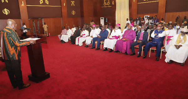President Akufo-Addo addressing religious leaders at the Jubilee House in Accra. Pictures: SAMUEL TEI ADANO