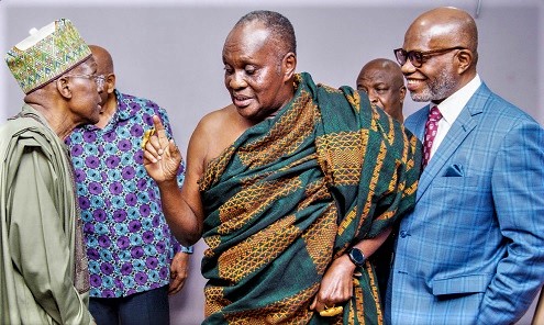 Nana otuo Siriboe II (middle), the Chairman of the Council of State, interracting with Mr Alban Sumana Kingsford Bagbin (left), the Speaker of Parliament, after the meeting. With them is Prof. Ato Essuman, a member of the Council of State