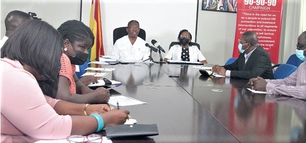 Dr Kyeremeh Atuahene (3rd from right), Director-General, Ghana AIDS Commission, briefing the press on the zero discrimination against people living with HIV and AIDS. With him is Ms Angela Trenton Mbonde (2nd from right), Country Director, UNAIDS. Picture: BENEDICT OBUOB