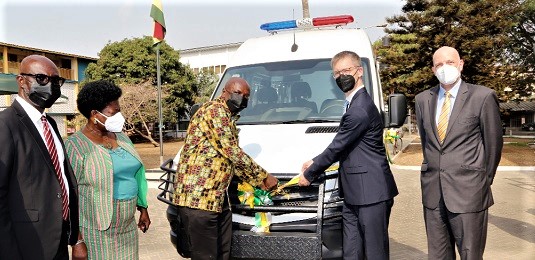 Mr Ambrose Dery (3rd from left), the Minister for the Interior, receiving the operational vehicle from Mr Helge Sander (2nd from right), Deputy German Ambassador to Ghana. Picture: ELVIS NII NOI DOWUONA