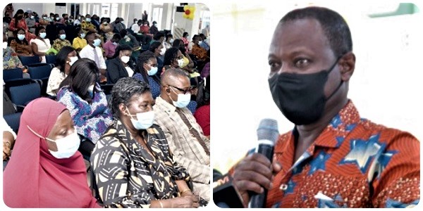 Dr Patrick Kuma-Aboagye (right), Director-General of the Ghana Health Service, addressing the participants in the 2021 annual performance review meeting in Accra