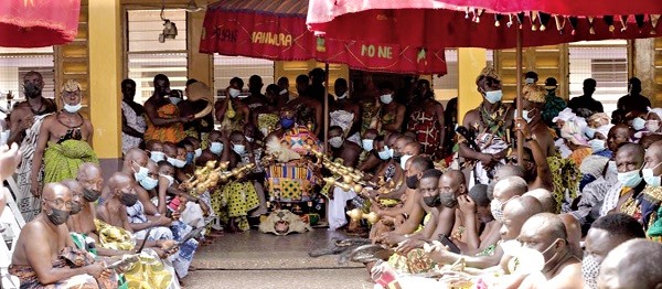 Otumfuo Osei Tutu II, the Asantehene, sitting in state.